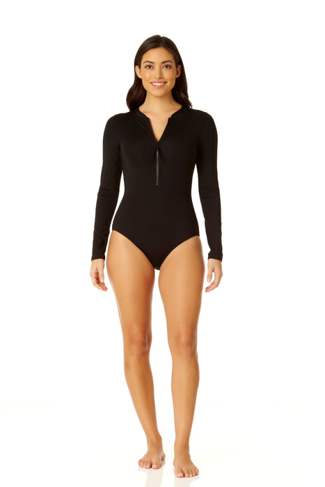 Women's Live In Color Long Sleeve Front Zip Rash Guard Swimsuit