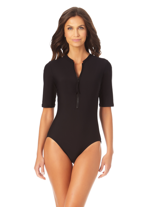 Women's Live In Color Half Zip Front Rash Guard One Piece Swimsuit